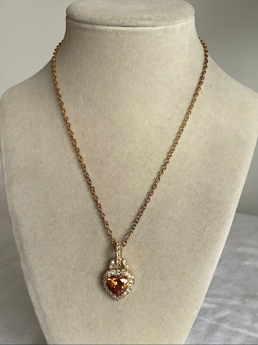 Gold Tone Topaz Like Heart Necklace with Rhinestones